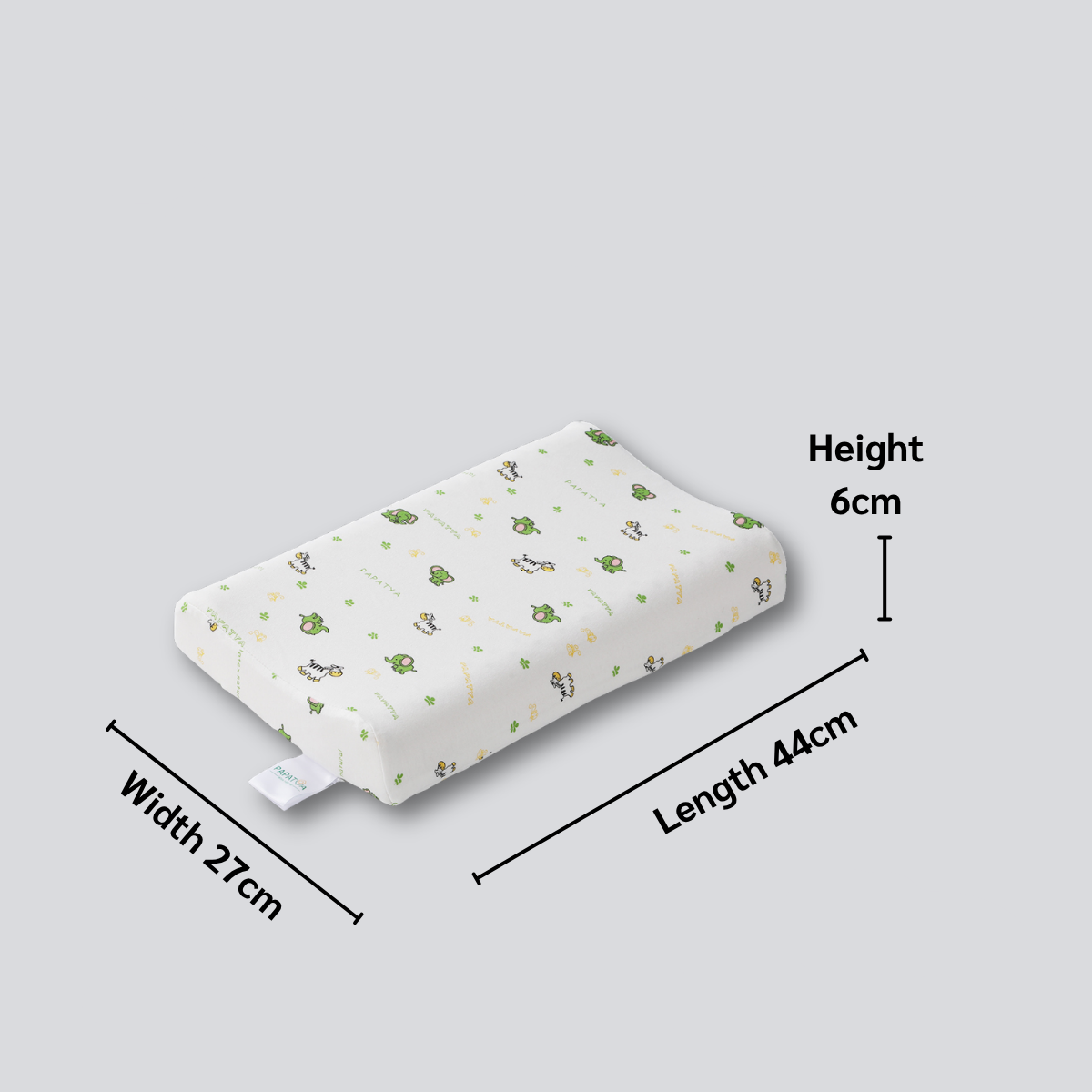 PAPATYA Toddler latex pillow with dimensions and warranty information on a light gray background