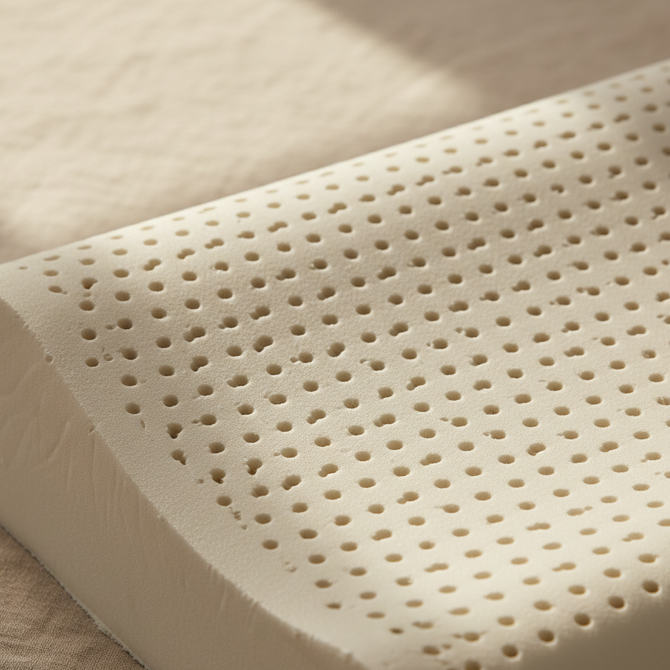 Close-up of a beige perforated latex pillow core.