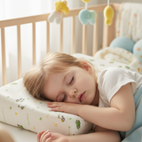 Child sleeping on a crib with a patterned pillow and colorful mobile in the background